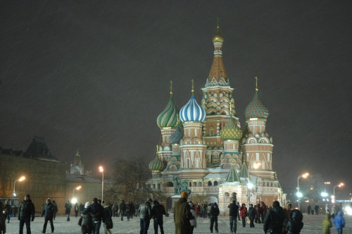 St. Basil Cathedral on Red Square during snow fall