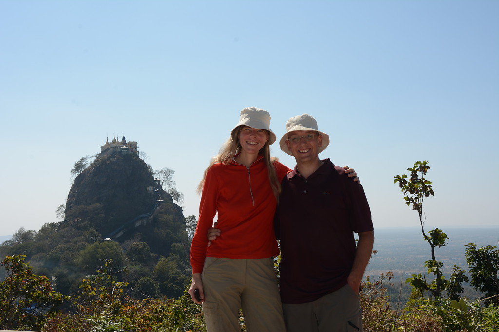 Posing in front of the Mt. Popa monastery